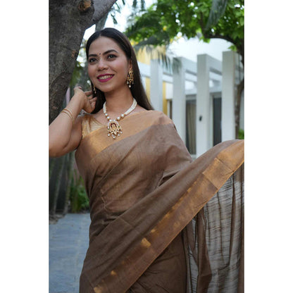 Isadora Life Womens Solid Tassels Brown Pre-Draped Saree With Unstitched Blouse