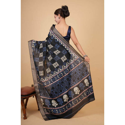 Isadora Life Womens Printed Black Pre-Draped Saree With Unstitched Blouse