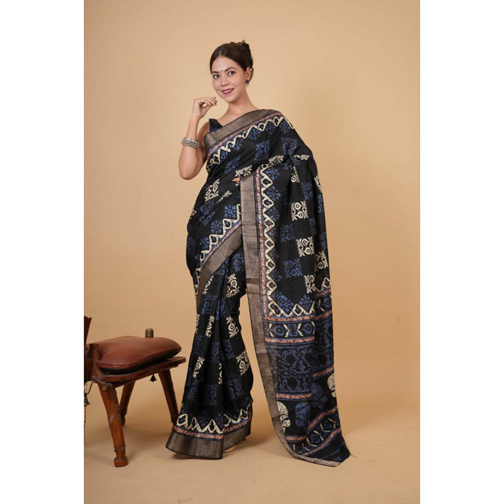 Isadora Life Womens Printed Black Pre-Draped Saree With Unstitched Blouse