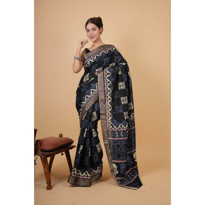Isadora Life Womens Printed Black Pre-Draped Saree With Unstitched Blouse