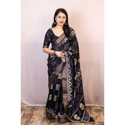 Isadora Life Womens Printed Black Pre-Draped Saree With Unstitched Blouse