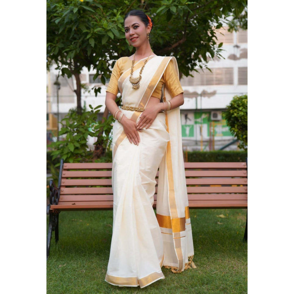 Isadora Life Womens Solid Zari White Pre-Draped Saree With Unstitched Blouse