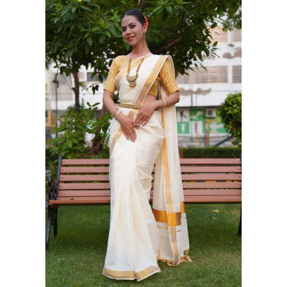 Isadora Life Womens Solid Zari White Pre-Draped Saree With Unstitched Blouse