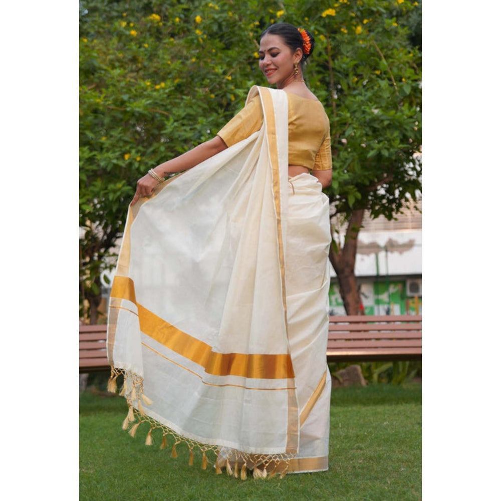 Isadora Life Womens Solid Zari White Pre-Draped Saree With Unstitched Blouse