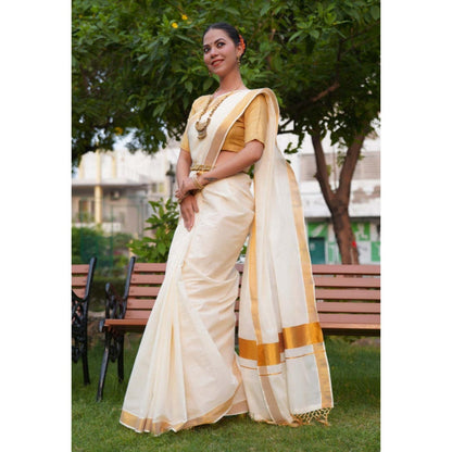 Isadora Life Womens Solid Zari White Pre-Draped Saree With Unstitched Blouse