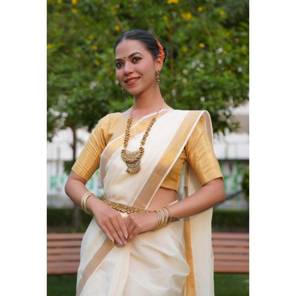 Isadora Life Womens Solid Zari White Pre-Draped Saree With Unstitched Blouse