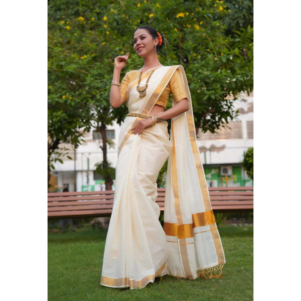 Isadora Life Womens Solid Zari White Pre-Draped Saree With Unstitched Blouse