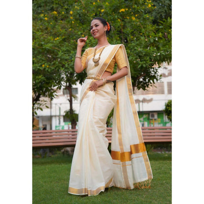 Isadora Life Womens Solid Zari White Pre-Draped Saree With Unstitched Blouse