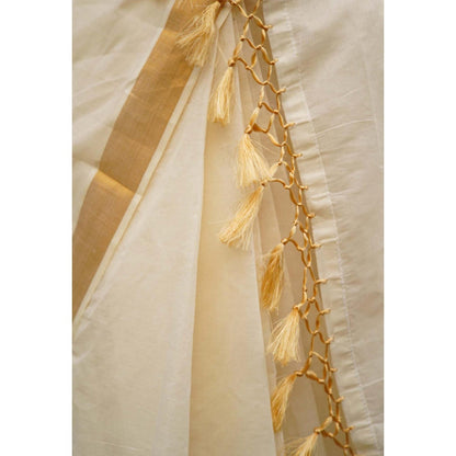 Isadora Life Womens Solid Zari White Pre-Draped Saree With Unstitched Blouse