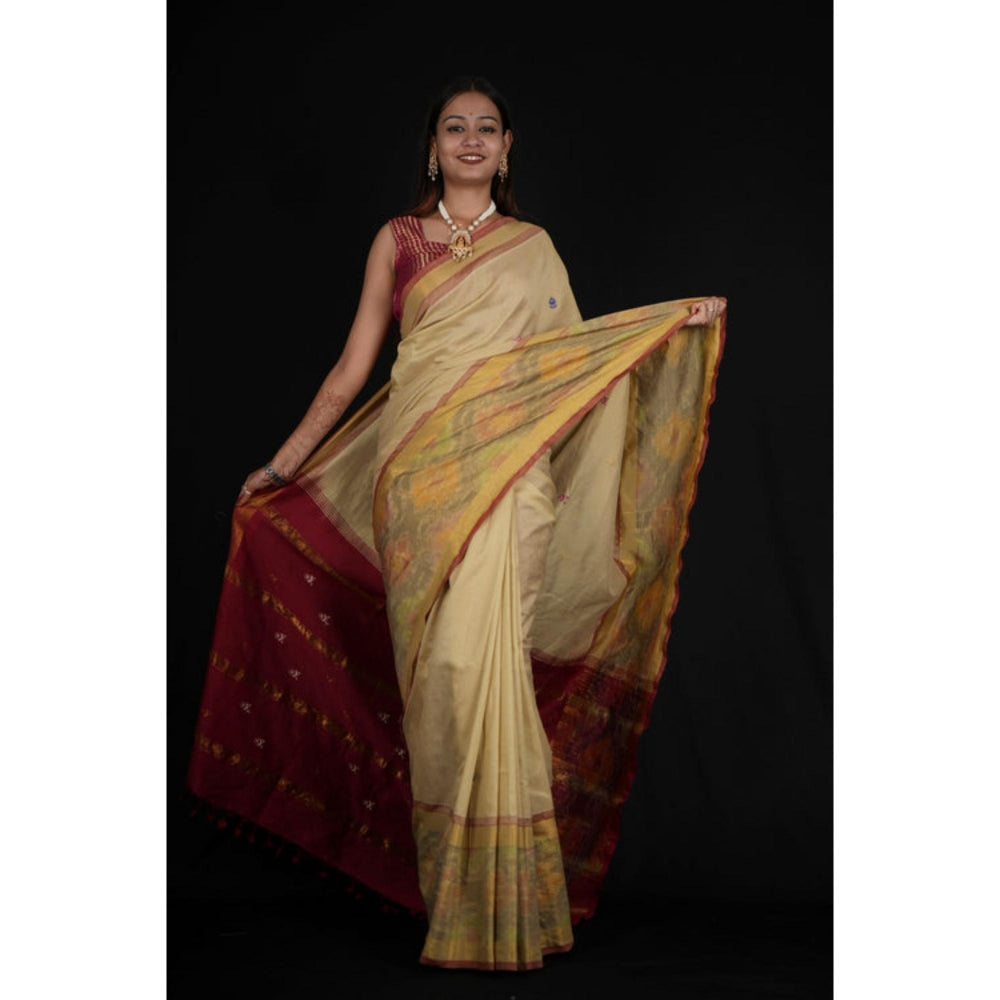Isadora Life Womens Woven Tassels Beige Pre-Draped Saree With Unstitched Blouse