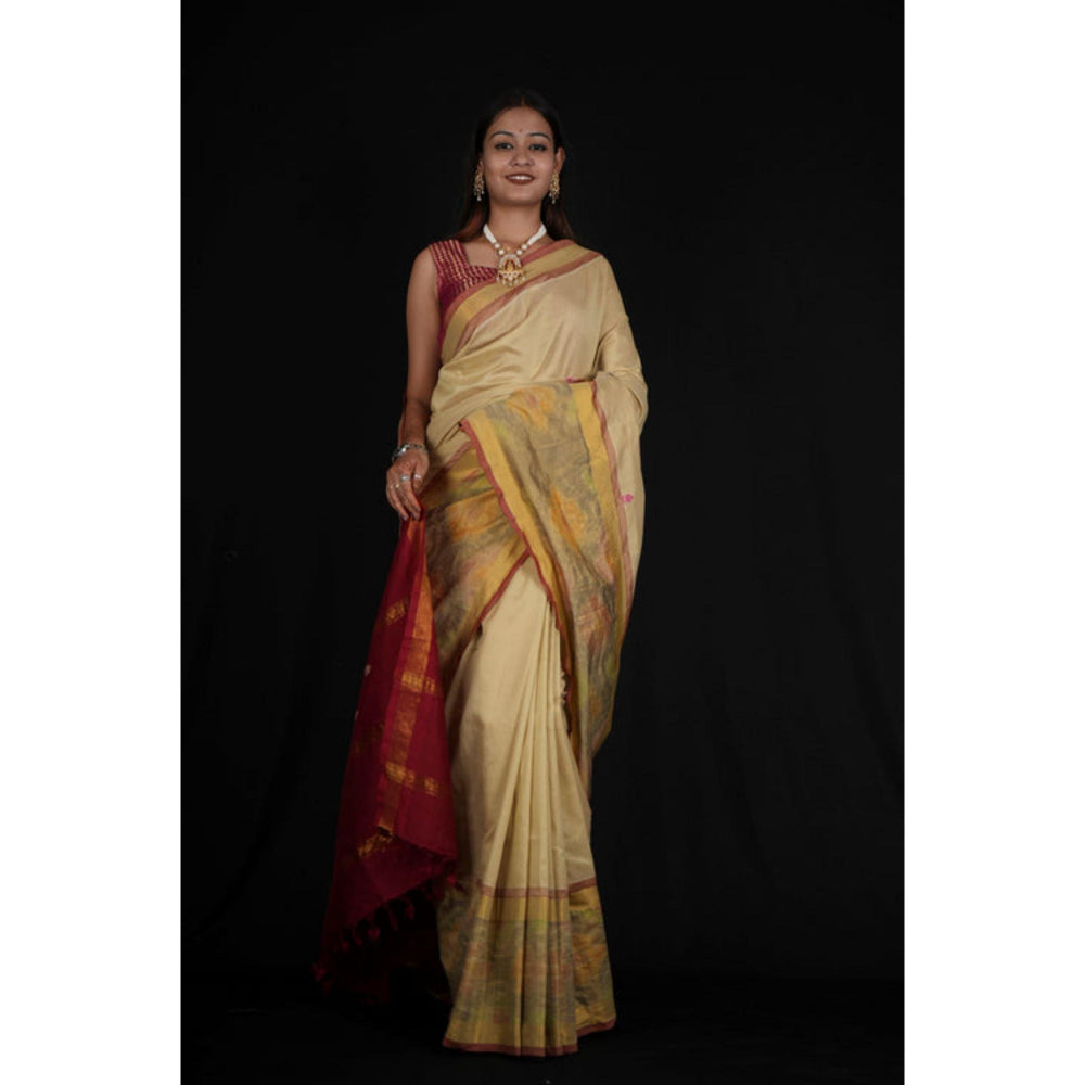 Isadora Life Womens Woven Tassels Beige Pre-Draped Saree With Unstitched Blouse