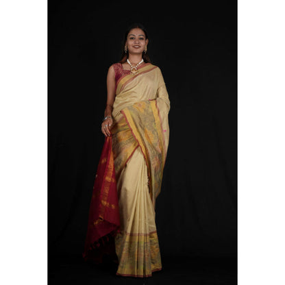 Isadora Life Womens Woven Tassels Beige Pre-Draped Saree With Unstitched Blouse