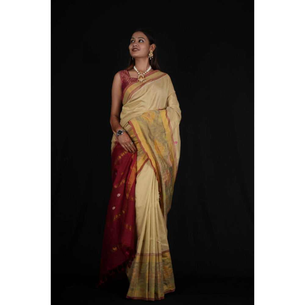 Isadora Life Womens Woven Tassels Beige Pre-Draped Saree With Unstitched Blouse