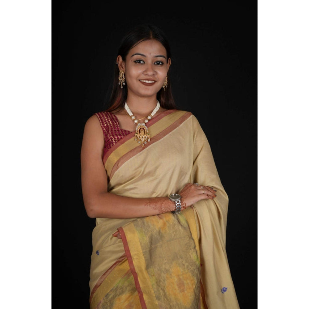 Isadora Life Womens Woven Tassels Beige Pre-Draped Saree With Unstitched Blouse