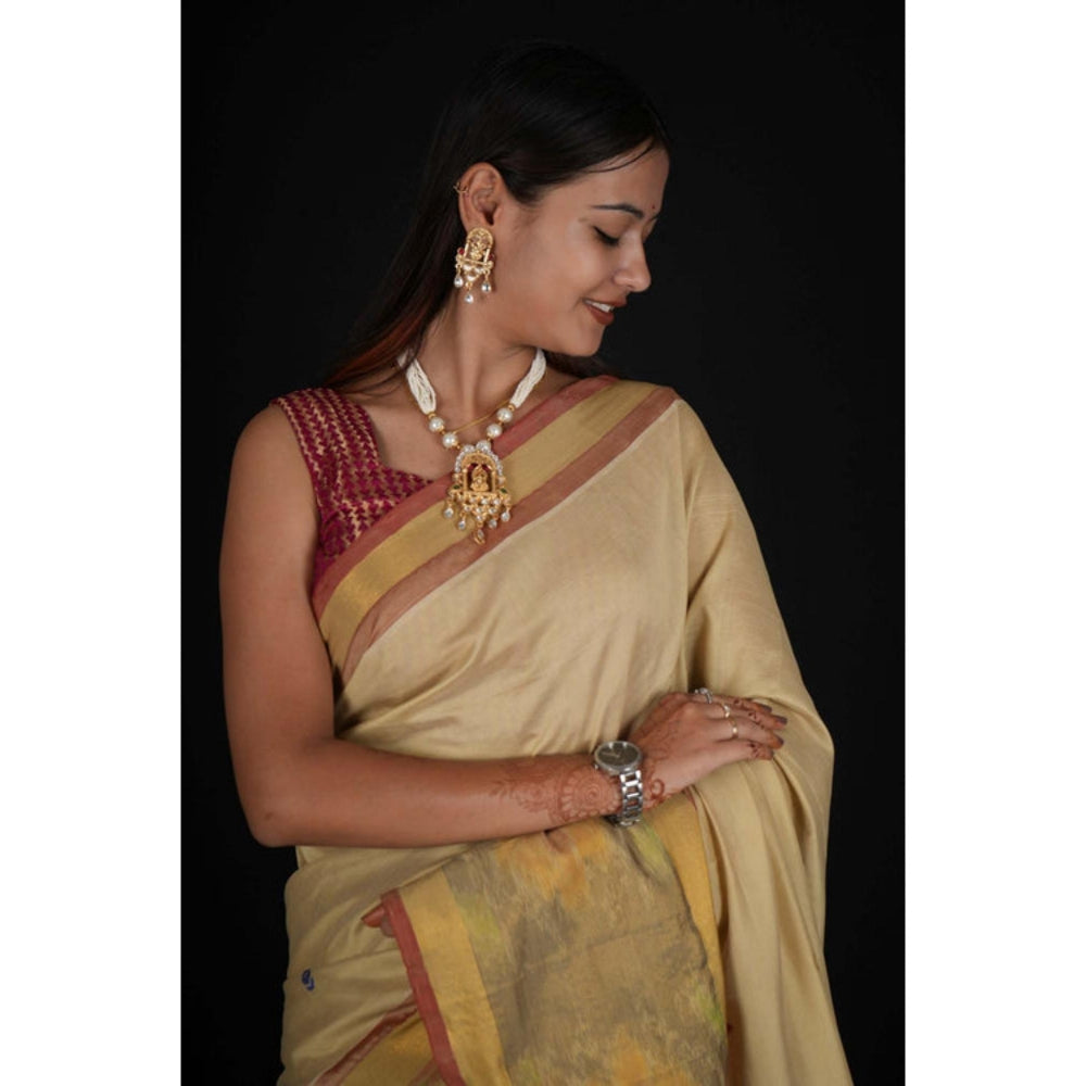 Isadora Life Womens Woven Tassels Beige Pre-Draped Saree With Unstitched Blouse