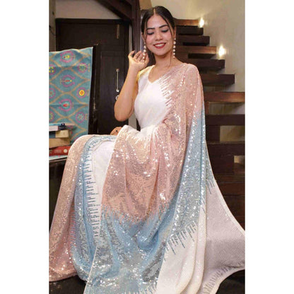 Isadora Life Womens Embroidered Sequined Multi-Color Pre-Draped Saree With Unstitched Blouse