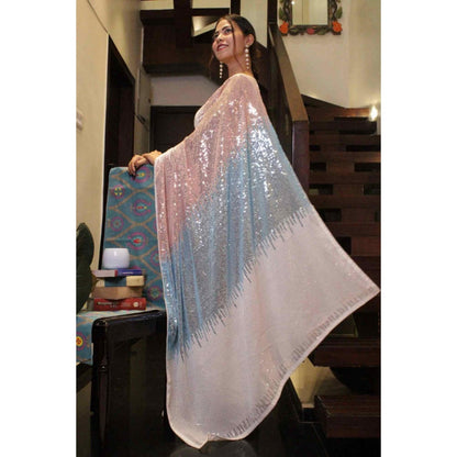 Isadora Life Womens Embroidered Sequined Multi-Color Pre-Draped Saree With Unstitched Blouse