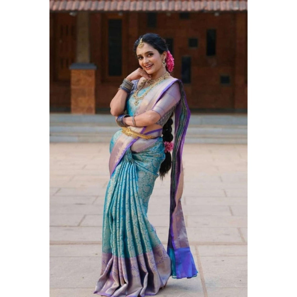 Isadora Life Womens Woven Zari Blue Pre-Draped Saree With Unstitched Blouse