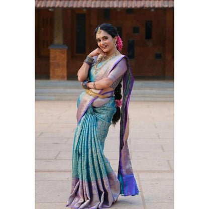 Isadora Life Womens Woven Zari Blue Pre-Draped Saree With Unstitched Blouse