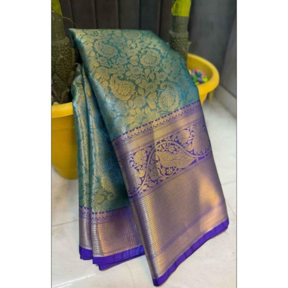 Isadora Life Womens Woven Zari Blue Pre-Draped Saree With Unstitched Blouse