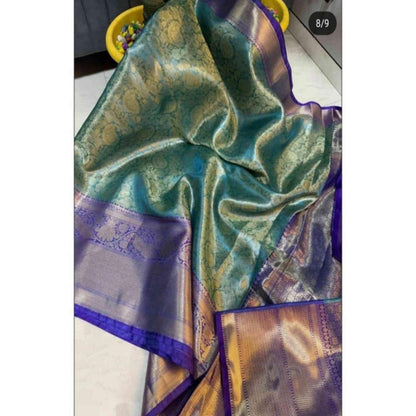 Isadora Life Womens Woven Zari Blue Pre-Draped Saree With Unstitched Blouse