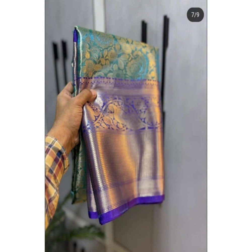 Isadora Life Womens Woven Zari Blue Pre-Draped Saree With Unstitched Blouse