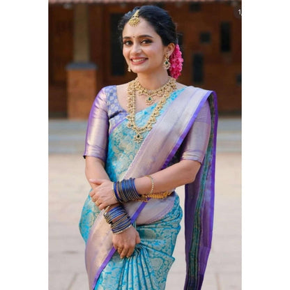 Isadora Life Womens Woven Zari Blue Pre-Draped Saree With Unstitched Blouse