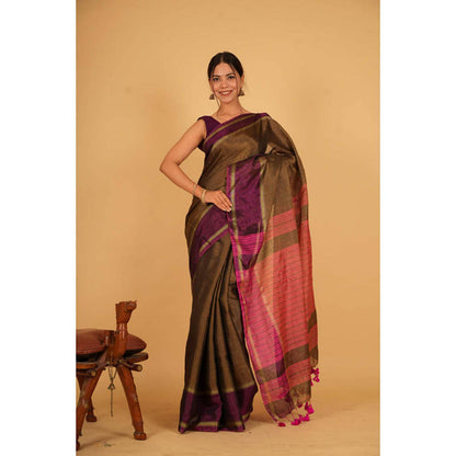 Isadora Life Womens Stripes Tassels Olive Pre-Draped Saree With Unstitched Blouse
