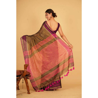Isadora Life Womens Stripes Tassels Olive Pre-Draped Saree With Unstitched Blouse