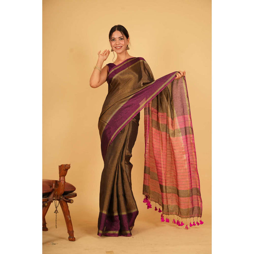 Isadora Life Womens Stripes Tassels Olive Pre-Draped Saree With Unstitched Blouse