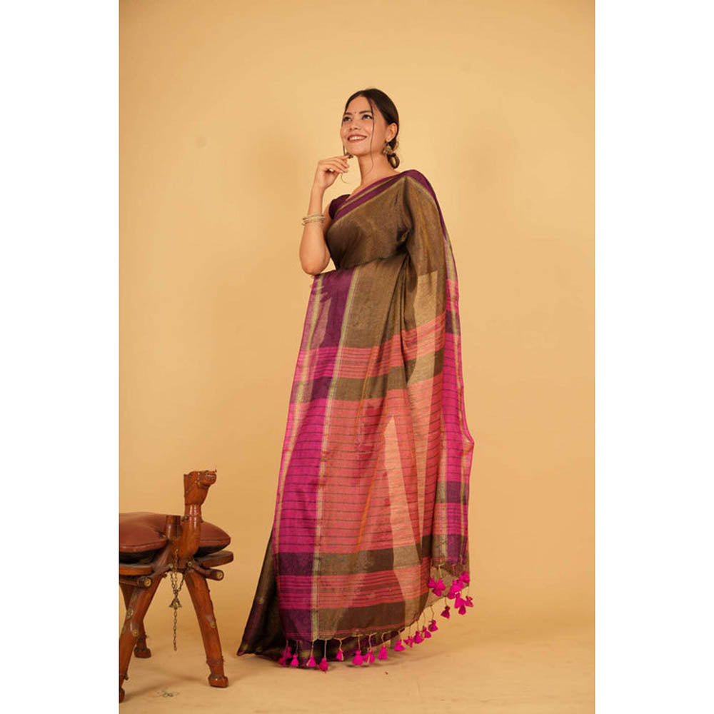 Isadora Life Womens Stripes Tassels Olive Pre-Draped Saree With Unstitched Blouse