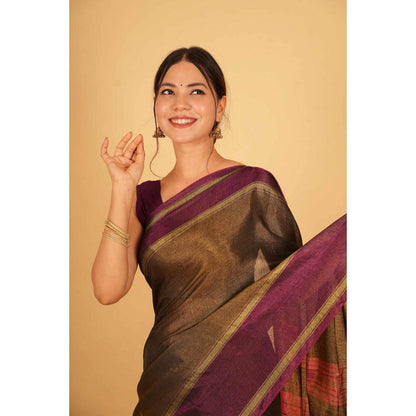 Isadora Life Womens Stripes Tassels Olive Pre-Draped Saree With Unstitched Blouse