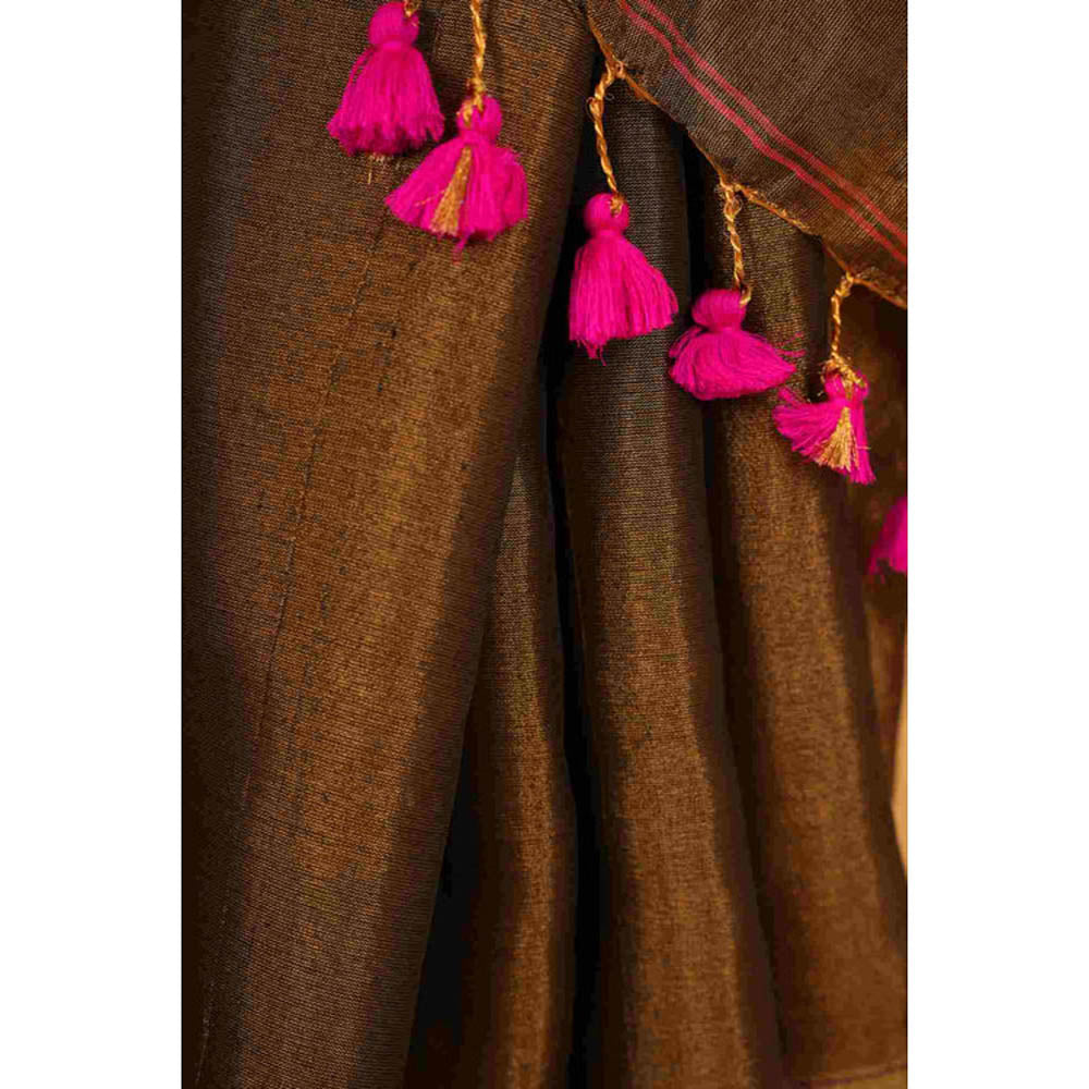 Isadora Life Womens Stripes Tassels Olive Pre-Draped Saree With Unstitched Blouse