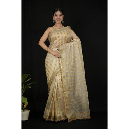 Isadora Life Womens Stripes Embroidered Ivory Pre-Draped Saree With Unstitched Blouse
