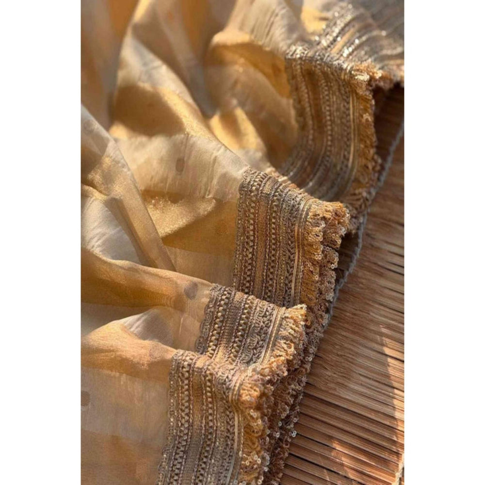 Isadora Life Womens Stripes Embroidered Ivory Pre-Draped Saree With Unstitched Blouse