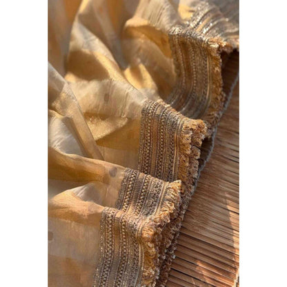 Isadora Life Womens Stripes Embroidered Ivory Pre-Draped Saree With Unstitched Blouse