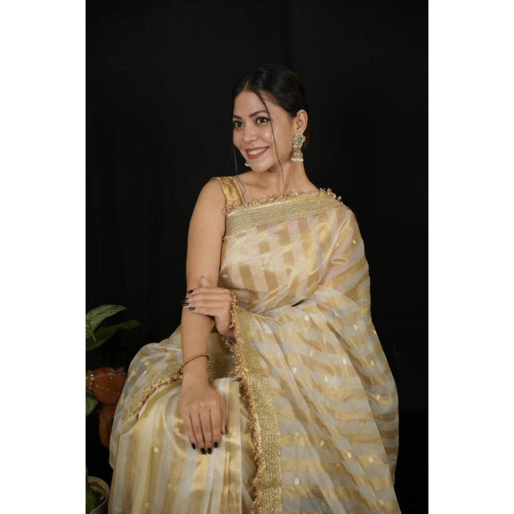 Isadora Life Womens Stripes Embroidered Ivory Pre-Draped Saree With Unstitched Blouse