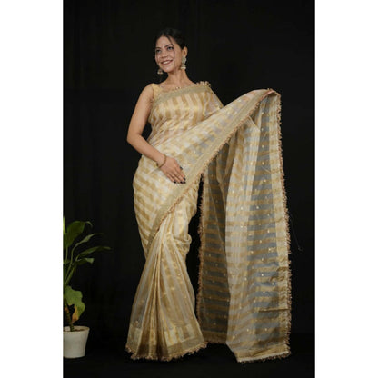 Isadora Life Womens Stripes Embroidered Ivory Pre-Draped Saree With Unstitched Blouse