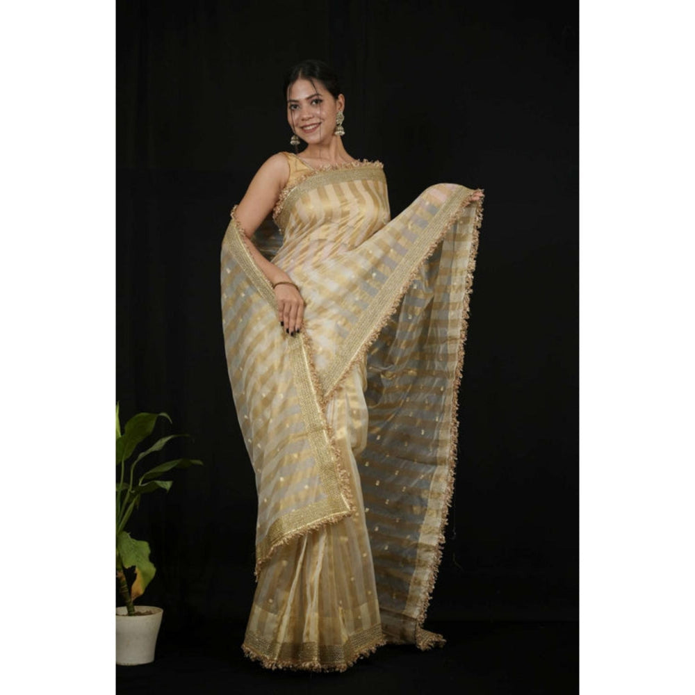 Isadora Life Womens Stripes Embroidered Ivory Pre-Draped Saree With Unstitched Blouse