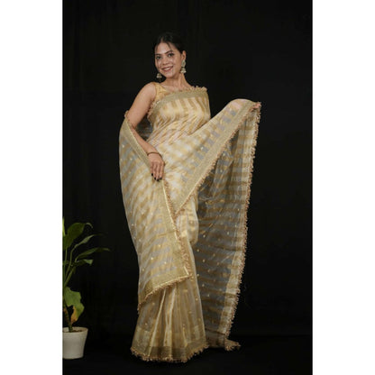 Isadora Life Womens Stripes Embroidered Ivory Pre-Draped Saree With Unstitched Blouse