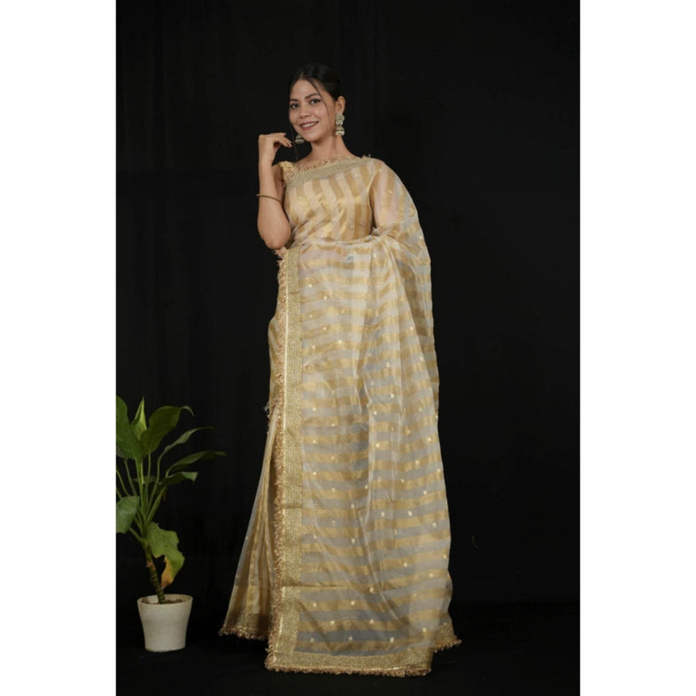 Isadora Life Womens Stripes Embroidered Ivory Pre-Draped Saree With Unstitched Blouse