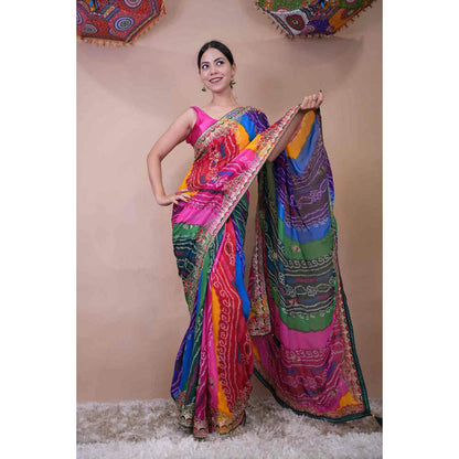 Isadora Life Womens Bandhani Printed Multi-Color Pre-Draped Saree With Unstitched Blouse