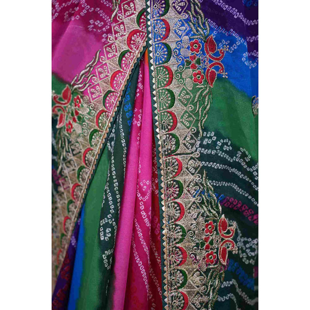 Isadora Life Womens Bandhani Printed Multi-Color Pre-Draped Saree With Unstitched Blouse