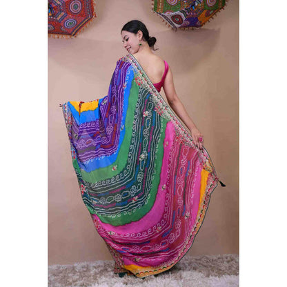 Isadora Life Womens Bandhani Printed Multi-Color Pre-Draped Saree With Unstitched Blouse