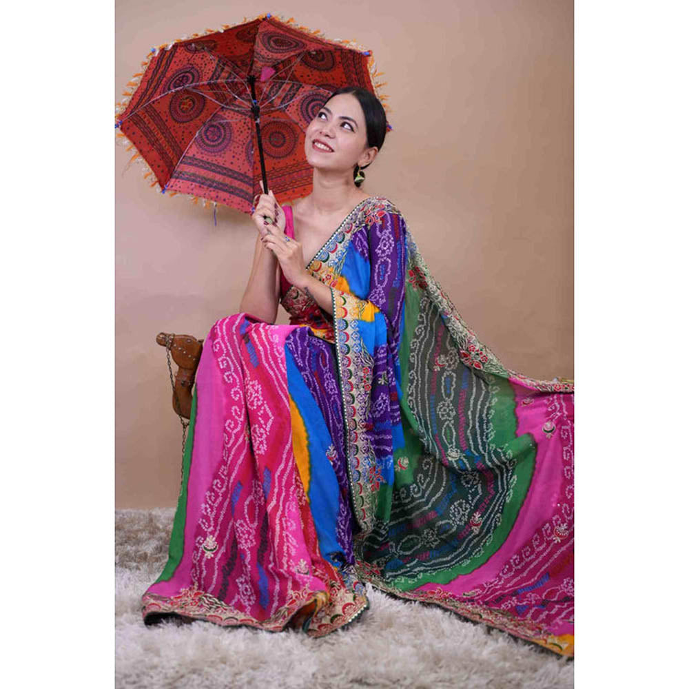 Isadora Life Womens Bandhani Printed Multi-Color Pre-Draped Saree With Unstitched Blouse