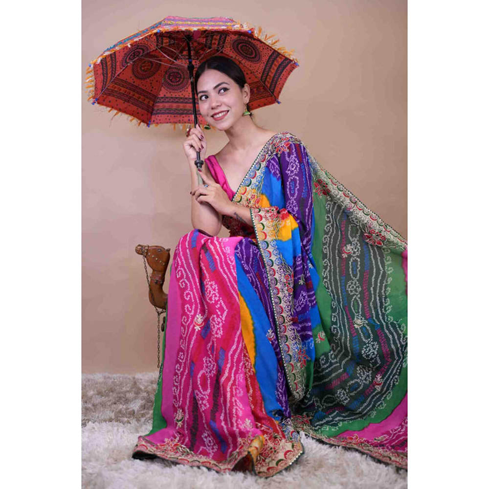 Isadora Life Womens Bandhani Printed Multi-Color Pre-Draped Saree With Unstitched Blouse