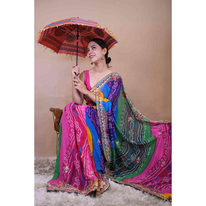 Isadora Life Womens Bandhani Printed Multi-Color Pre-Draped Saree With Unstitched Blouse
