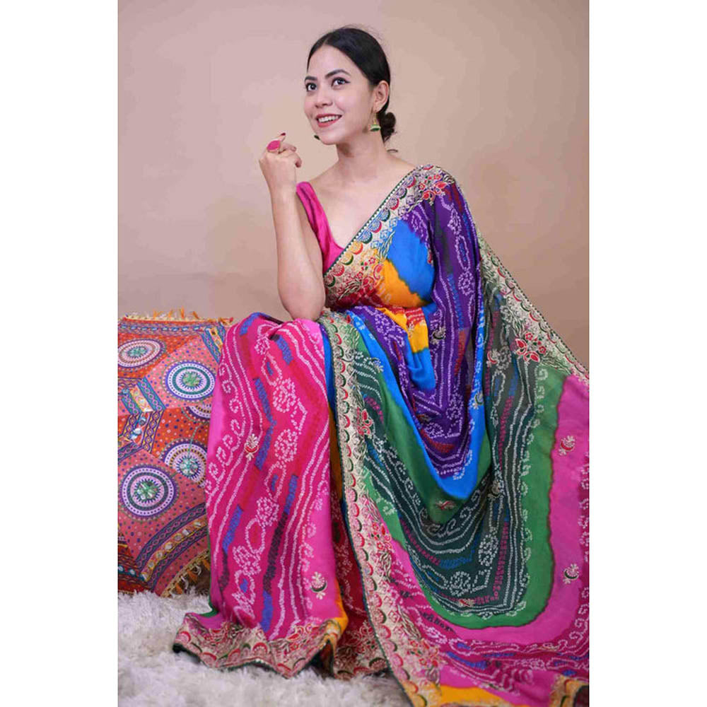 Isadora Life Womens Bandhani Printed Multi-Color Pre-Draped Saree With Unstitched Blouse