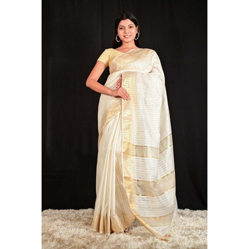Isadora Life Womens Stripes Zari Ivory Pre-Draped Saree With Unstitched Blouse