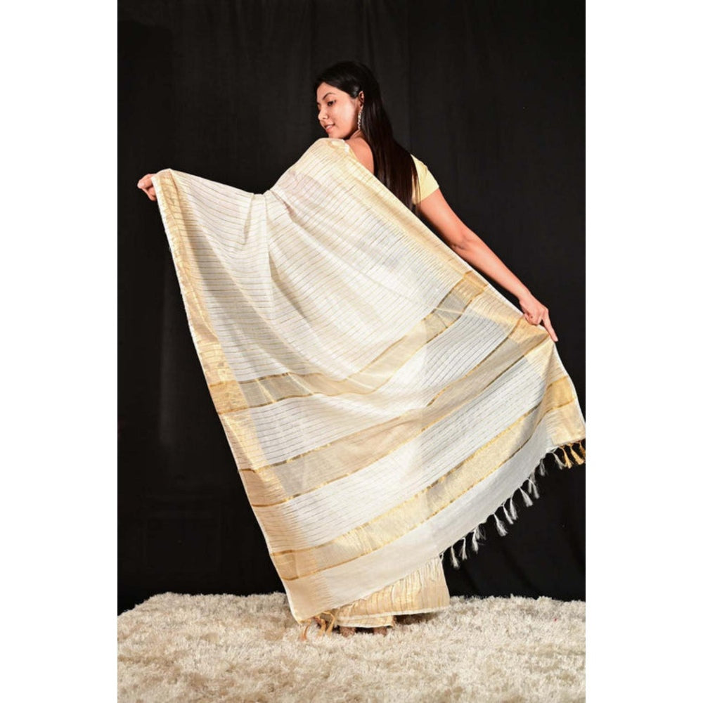 Isadora Life Womens Stripes Zari Ivory Pre-Draped Saree With Unstitched Blouse
